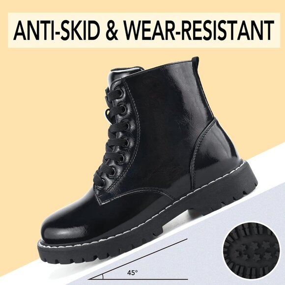 Kids Black Ankle Boots Boys Girls Side Zipper Lace Up Work Boots Combat Boots - Picture 3 of 7